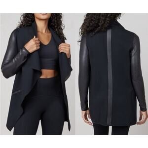 Spanx Drape Front Jacket Women Medium Black Ponte Knit Faux Leather Pockets Edgy
